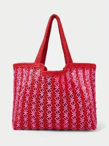 SHECARRY Women's Fashionable Spring And Summer Nautical Style Two-Color Striped Letter Design Shoulder Bag, For Beach, Vacation, Seaside - Rose Red - View 4
