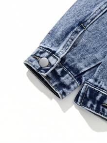 SHEIN 男童牛仔夾克，休閒毛絨拼接刺繡，復古做舊水洗，長袖，假日派對穿搭，秋冬藍色 - 中等水洗藍 - 查看 5