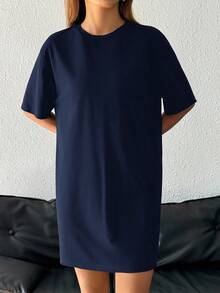 SHEIN EZwear 女款休閒寬鬆海軍藍圓領短袖短洋裝，適合夏季 - 藏蓝色 - 查看 5