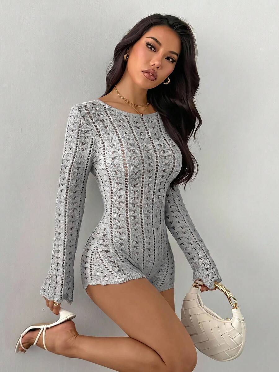 SHEIN PETITE رومبير نسائي مثير بلون موحد بتصميم مفرغ وظهر مكشوف من الصوف المحبوك للخريف/الشتاء - رمادي فاتح - مشاهدة 1