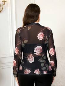 SHEIN Clasi 大尺碼女款花卉網紗立領長袖透視上衣 - 彩色 - 查看 2