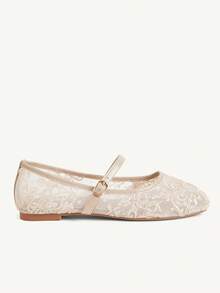 CUCCOO CHICEST Women's Shoes, Apricot Flower Mesh Square Toe Flats, Embroidered Retro Mary Jane Mesh Shoes - Apricot - View 3