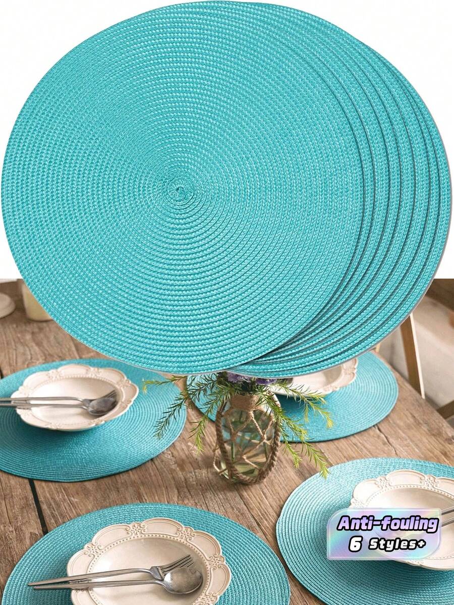 1/4/6//8/12PCS Alas Meja Bundar Anyaman PP Biru Muda 15 Inci Tahan Panas Anti Selip Dapat Dicuci untuk Dekorasi Pernikahan, Pesta Liburan, Dapur, Ruang Makan, Natal, dan Tahun Baru - Baby Blue - View 1