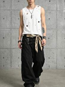 ROMWE MEN Grunge Punk 男士圓領金屬孔飾休閒百搭日常穿著上衣 - 白色 - 查看 9