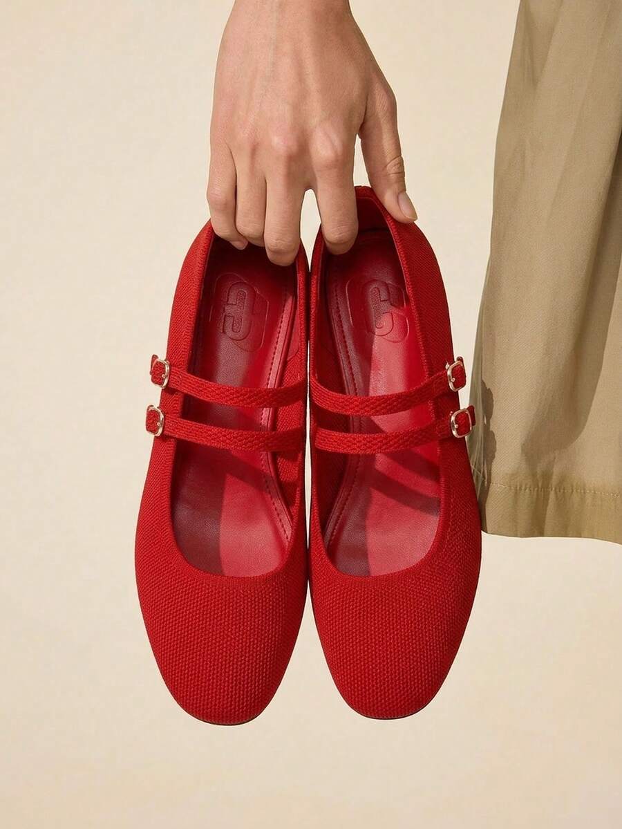 CUCCOO BASICS Women's Shoes Fashion Versatile Square Toe Double Strip Red Flat Shoes Knitted Mary Jane Shoes Fall Shoes - Red - View 1