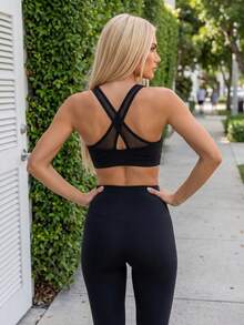 Fluxe Women's Solid Color Wide Strap Minimalist Casual Sports Bra Cross Design Gym High Support - Black - View 2