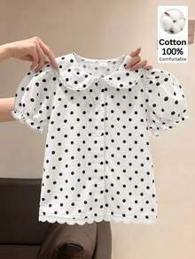 SHEIN Elladie kids 女童彼得潘領蕾絲公主袖波點短袖鈕扣襯衫，棉混紡面料新款時尚上衣，度假旅行必備，適合日常、休閒與派對時尚穿搭 - 白色 - 查看 5