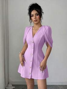 SHEIN Clasi 拼接布料V領A字裙優雅浪漫女款洋裝 - 淡紫色 - 查看 7