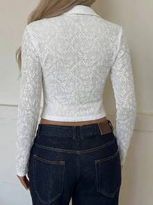 SHEIN EZwear 女款鏤空刺繡長袖單排扣休閒浪漫優雅上衣，白色花卉，適合早午餐、日常、約會，秋季款 - 白色 - 查看 2