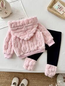 SHEIN Vintaside Kids 2pcs/Set Baby Girl Sweatshirt Set, Autumn Fuzzy Wheat Jacquard Light Pink Black And Pink Long Sleeve Hooded Bow Decor, Long Pants, Family Matching - Pink - View 3