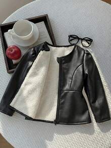 SHEIN Baby Girl Cute Versatile Black Thermal Lined Jacket Coat For Autumn/Winter - Black - View 2