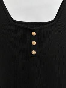 GlowEve Ribbed Square Neck Metal Buckle Commuter Style Elegant Slim Fit Short Sleeve Women's Sweater Brunch Black Autumn - Black - View 5