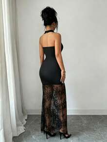 Elenzga Halter Neck Iridescent Material Contrast Lace Dress - Black - View 2