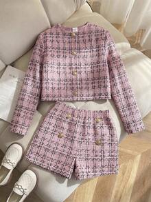 SHEIN 青少年女孩都市時尚長袖格紋夾克與短褲套裝 - 粉色 - 查看 3