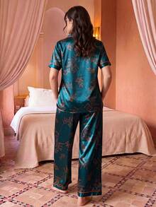 Jahmira 大码优雅花卉印花翻领短袖睡衣套装 - 綠色 - 查看 2