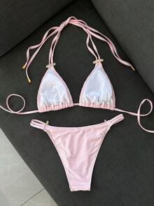 Swim Vcay Women's Swimwear Set, Premium Old Money Style Halter Neck Triangle Bikini, Classic Minimalist Sexy Island Beach Vacation Pool Party Cruise Pink - Pink - View 5