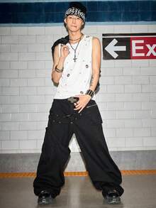 ROMWE MEN Grunge Punk 男士圓領金屬孔飾休閒百搭日常穿著上衣 - 白色 - 查看 6
