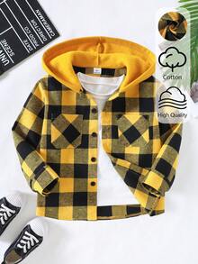 SHEIN Genkimix Kids Boys' Plaid Pattern Hooded Shacket, Spring/Autumn - Yellow - View 3