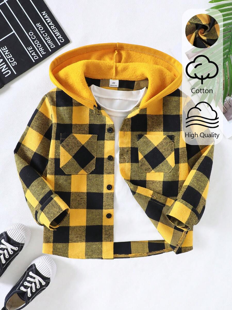 SHEIN Genkimix Kids Camisa-chaqueta con capucha y estampado a cuadros para niños, primavera/otoño - Amarillo - Ver 1