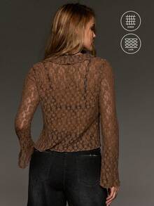 BAD SUNDAY Top de encaje elegante y semitransparente marrón con cuello en V, lazo delantero y manga larga para mujer, versátil estilo Y2K vintage sexy streetwear para uso diario, citas y festivales de música - Marrón - Ver 2