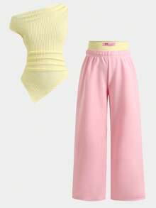 SHEIN Tween女孩2件組T恤套裝，休閒街頭風，不對稱領口抓皺針織紋理上衣搭配拼色直筒長褲，淡黃色上衣與粉色甜美女孩穿搭，Y2K風格附英文字母織標，童裝 - 黃色 - 查看 2