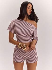 SHEIN BAE 女款休閒優雅單肩T恤與修身迷你短褲兩件套，條紋套裝，街頭風，適合日常通勤、約會、派對、秋冬、夏季、婚禮、海灘、畢業典禮，優雅休閒外出穿搭，Y2K - 彩色 - 查看 4
