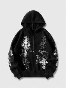 ROMWE MEN Goth 男士十字印花拉鍊連帽衛衣附抽繩 - 黑色 - 查看 3