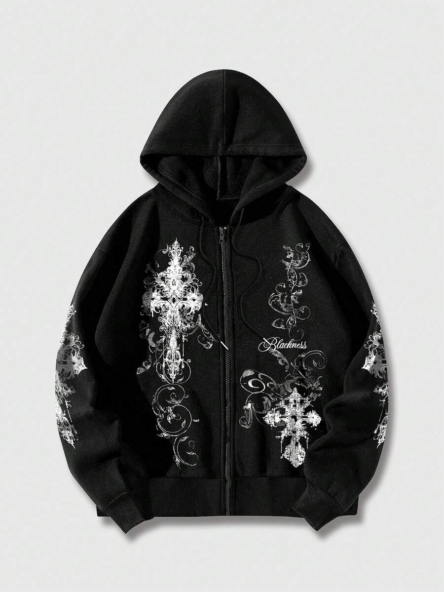 ROMWE MEN Goth Sudadera con capucha y cremallera con estampado de cruz y cordón para hombre - Negro - Ver 1