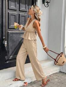 Serisse Casual Minimalist Khaki Striped Women's 2 Pieces Set, Suitable For Summer - Apricot - View 8