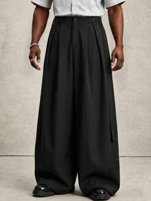 PAVTROS Pantalones de pierna ancha de unicolor plisados casuales y versátiles para uso diario para hombres - Negro - Ver 4