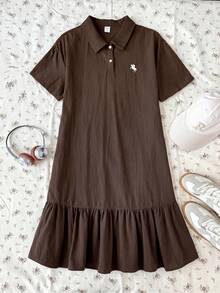 Teen Girl Brown Polo Collar Embroidered Pattern Ruffle Hem Casual Dress, School Uniform Style, Suitable For School, Outdoor Activities, Shopping, Daily Wear KIDS - Brown - View 5