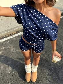 FavEase 春夏條紋不對稱領短袖上衣與低腰短褲女款兩件套 - 藏蓝色 - 查看 3