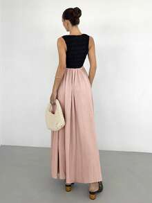 Siren Gaze Vestido Maxi Elegante y Casual de Verano para Mujeres, Vestido Largo Fluido sin Mangas con Cuello Redondo y Top Fruncido, Atuendos para Vacaciones en la Playa y Graduación, Vestidos de Verano Bicolor para Mujeres, Vestidos de Verano para Mujeres, Vestidos Casuales para Mujeres, Ropa de Verano, Atuendos de Verano para Mujeres - Rosa - Ver 3