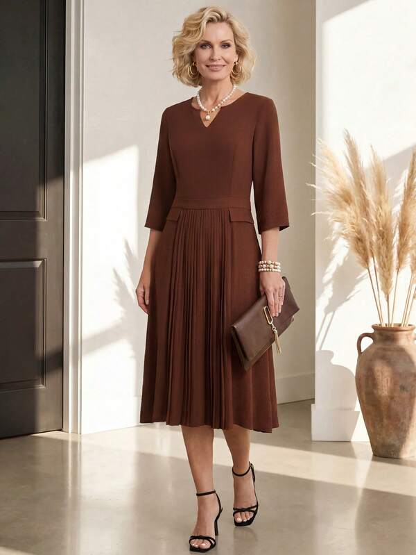 Miaspire Middle-Aged Women Notch V-Neck Versatile Pleated Dress