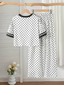 SHEIN 青少年女孩 T-Shirt 與長褲 2 件套，寬鬆休閒極簡針織開學穿搭，復古圓點女孩套裝，白色上衣寬腿褲 - 彩色 - 查看 2