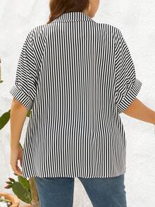 Shapeblank Camisa de manga de murciélago con estampado de rayas en talla grande, verano - Blanco y Negro - Ver 3