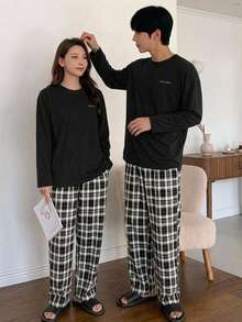 DAZY Set Piyama Kaos dan Celana Kotak-kotak Motif Huruf untuk Pria, Pakaian Musim Gugur dan Musim Dingin - Hitam - View 5