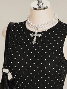 SHEIN ICON 女款夏季休閒復古可愛黑白波點印花無袖迷你洋裝，適合派對、夜出與日常穿著 - 黑色 - 查看 5