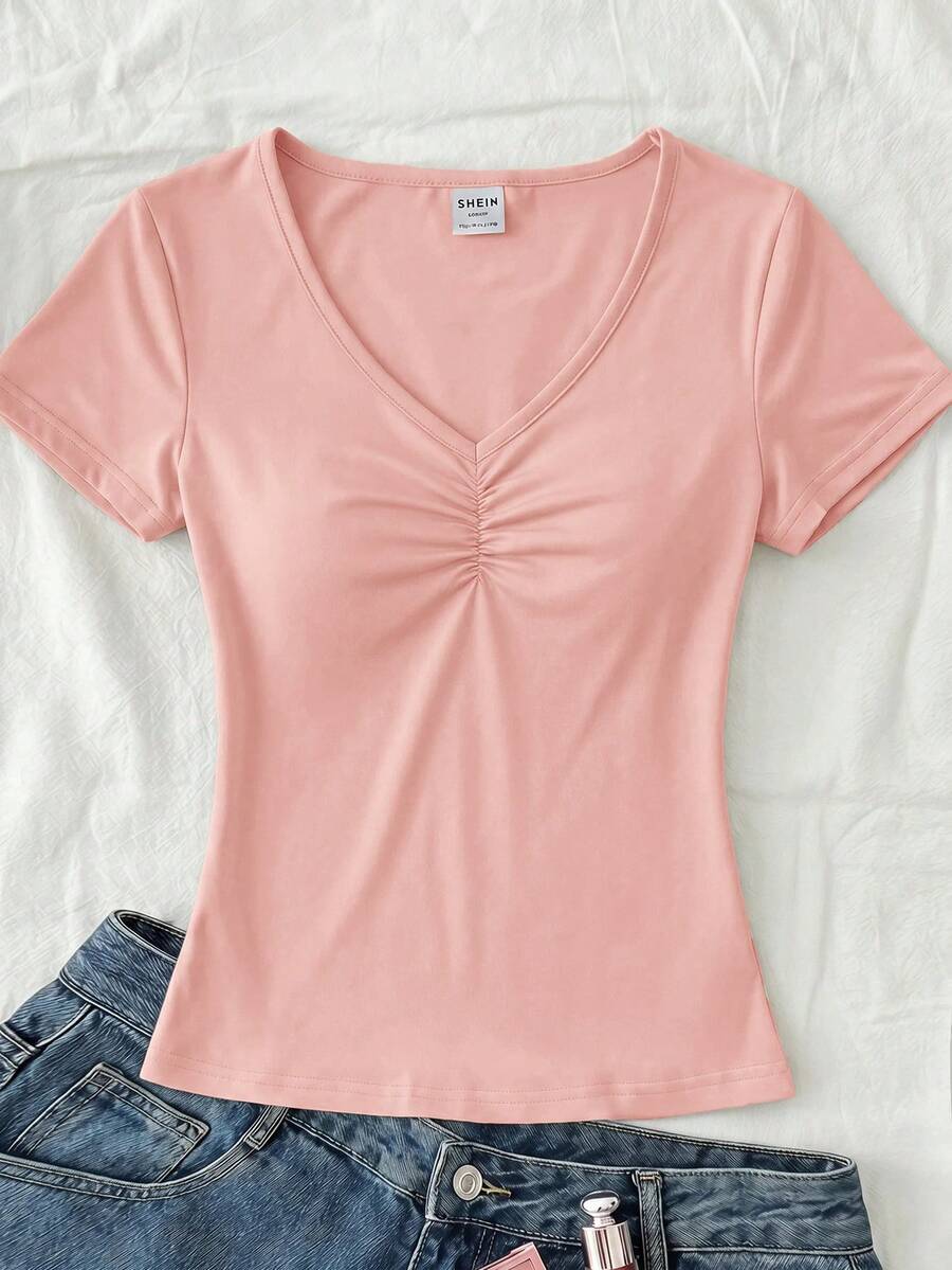 SHEIN Tween Girl Tween Girls Pink V-Neck Ruched Chest Lace Patchwork Short Sleeve T-Shirt - Pink - View 1