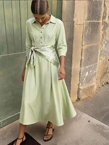 Travachic Women's Solid Color Long Sleeve Button Half-Placket Shirt Dress Teachers' Day Brunch Picnic Party Tea Party Sage Green Fall Casual French Elegant - Green - View 10