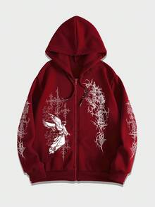 ROMWE MEN Goth 男士天使圖案印花拉鍊連帽長袖衛衣 - 紅色 - 查看 3