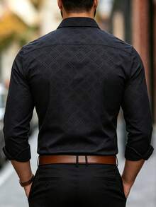 Manfinity Mode Men's Black Dark Grid Embossed Contrast Color Patchwork Casual Business Mature Fit Long Sleeve Shirt - Black - View 2