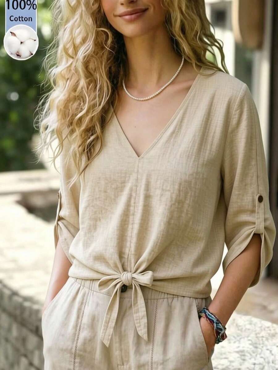 Zayélia 女款全棉上衣 秋季度假風休閒穿著 米色 - 杏色 - 查看 1