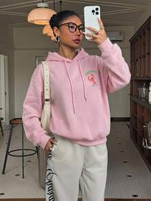 SHEIN EZwear 寬鬆長袖抽繩加厚女款運動衫，街頭風，適合日常通勤、約會、聚會，秋冬/夏季，聖誕節、新年、感恩節、派對、婚禮、海灘、畢業，優雅休閒外出穿搭 - 淺粉色 - 查看 4