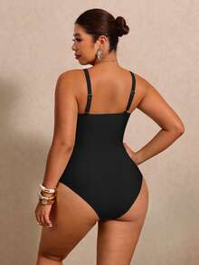 Elaquor Plus Size Elegant Sequin Tie-Up Fashion Vacation One-Piece Swimsuit Elegant Luxury Sequin Beach Vacation Swim Dress For Women Elegant Black Swim Dress - Black - View 2