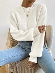 SHEIN Autumn/Winter Casual Versatile Solid Color Sweater - White - View 7