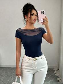 SHEIN Franclia 黑色紋理針織網格拼接修身短袖T恤，度假上衣，女款優雅上衣 - 藏蓝色 - 查看 5