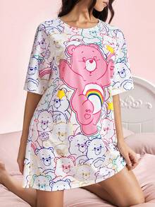 SHEIN X Care Bears 女款卡通印花圓領短袖睡裙 - 白色 - 查看 1