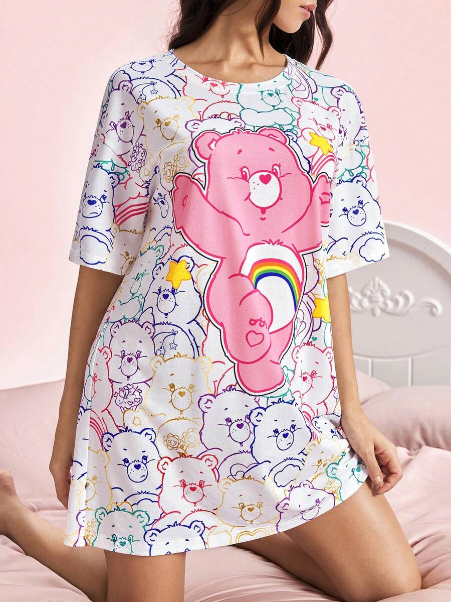 SHEIN X Care Bears 女款卡通印花圓領短袖睡裙 - 白色 - 查看 1
