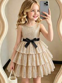 Glamorique Kids Vestido de fiesta con lentejuelas color champán para niña joven, vestido de noche brillante, atuendo para fiesta de cumpleaños, otoño - Champán - Ver 1